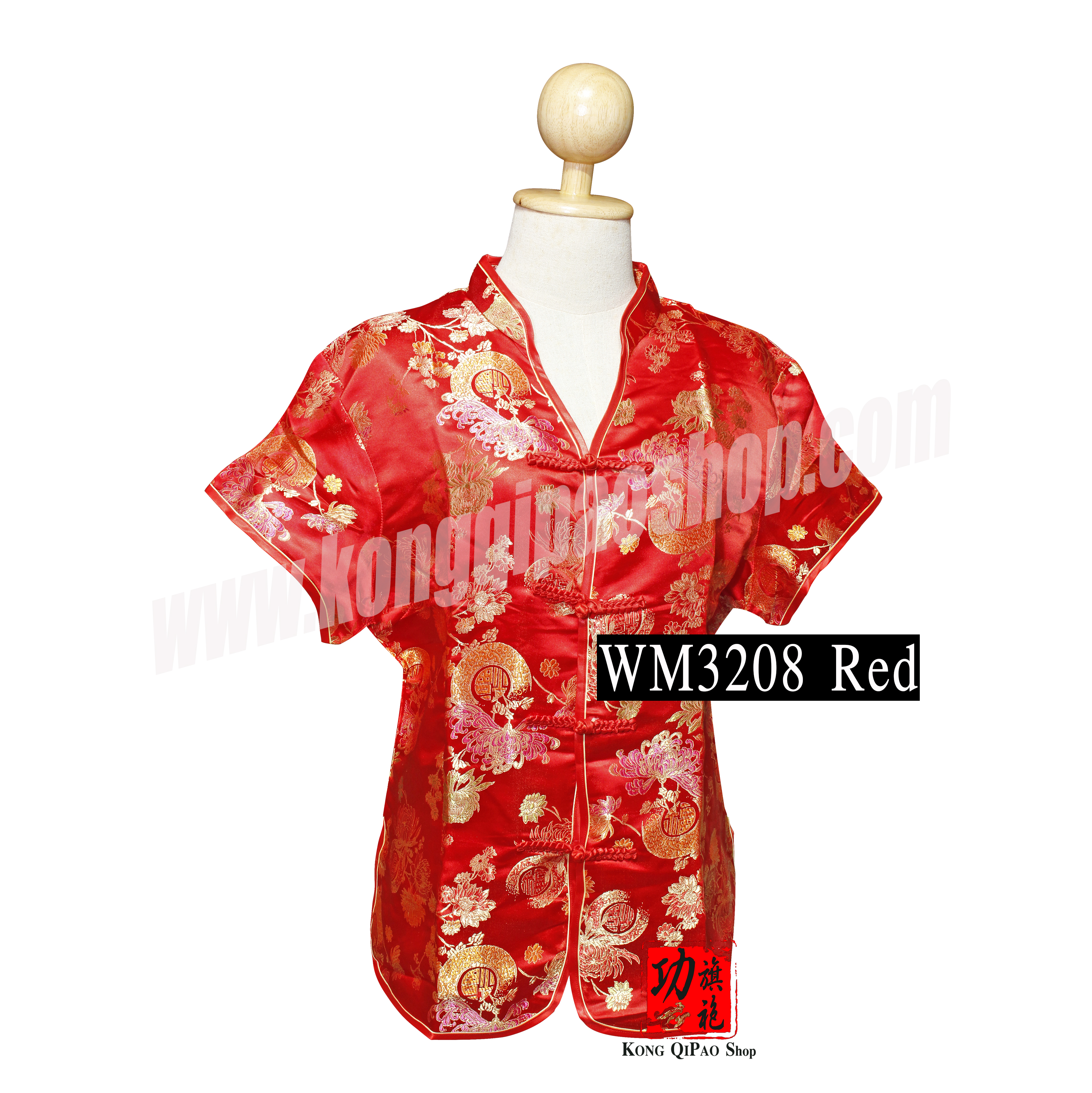 WM3208 เสื้อจีนผู้หญิง คอน้ำเต้า ลายค้างคาวนำโชค 福(ฝู)
