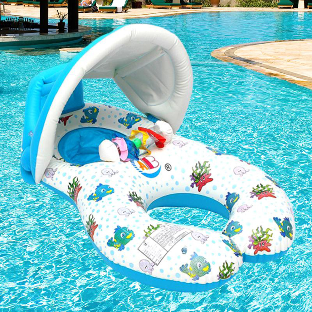 ห่วงยางเด็กและแม่ มีที่บังแดด สีฟ้า-ขาว Inflatable Blue-White Mom-Baby with Umbrella Pool Float
