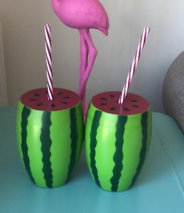 กระบอกน้ำพลาสติก แตงโม พร้อมหลอดพลาสติก Watermelon Cup With Plastic Straw