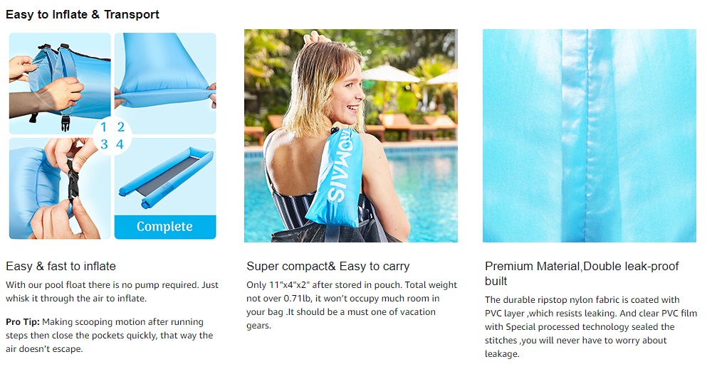 แพลมลอยน้ำ พกพาสะดวก ไม่ต้องใช้ที่สูบ Inflatable Pool Floats Portable Floating Lounger Chair Water Hammock No Pump
