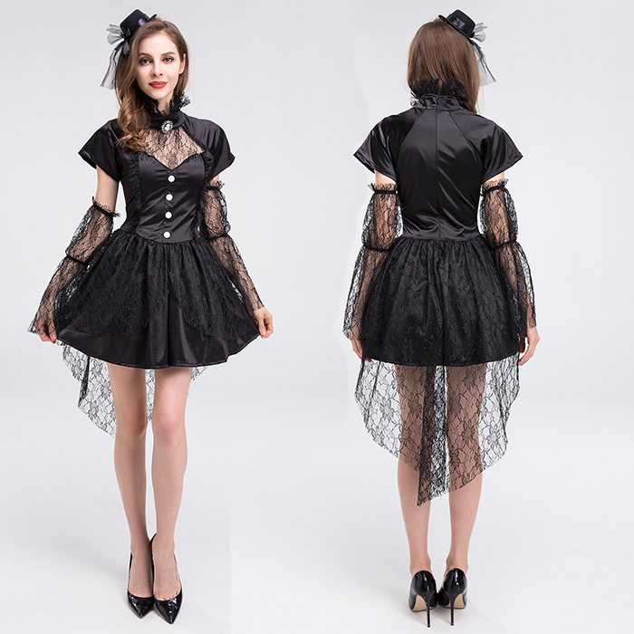 ชุดแฟนซี ฮาโลวีน - ชุดแม่มด แซกดำ หน้าสั้นหลังยาว แขนตุ๊กตา