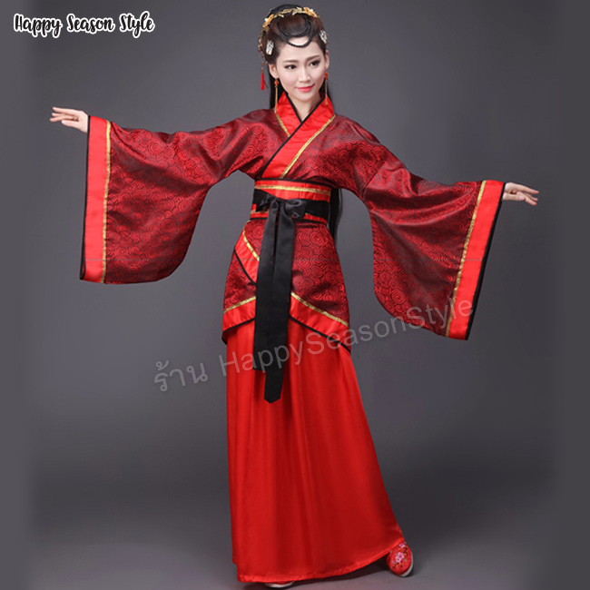 ชุดจีน ชุดจีนกำลังภายใน เสื้อไหมจีนมีลายในตัวสีแดง กระโปรงแดง แถมปิ่น และ tattoo