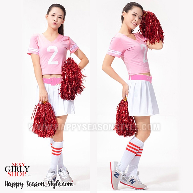 ชุดเชียร์ ชุดกีฬาสี เชียร์ลีดเดอร์ สีชมพู กุ๊นขาว กระโปรงขาว พร้อมเข็มขัด