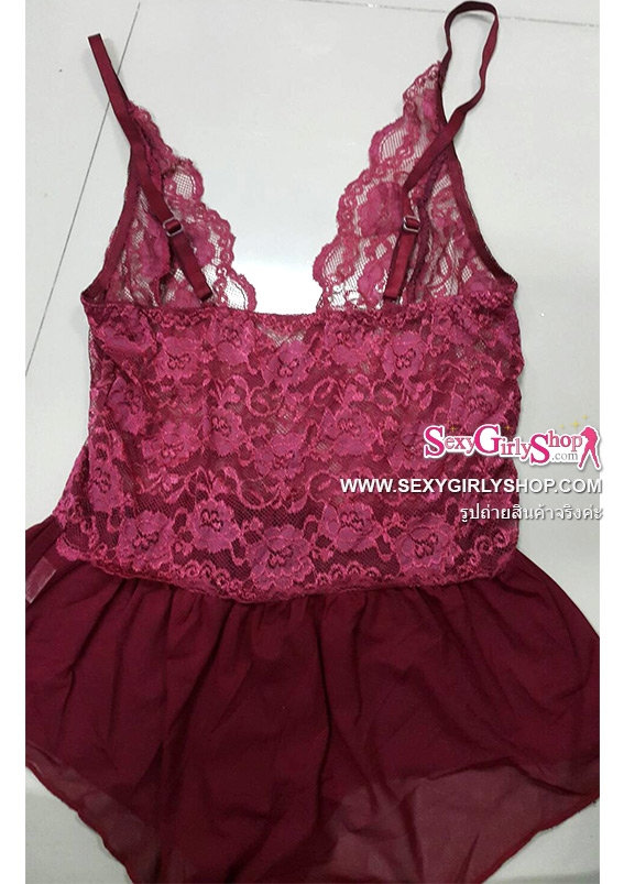 ชุดนอนไม่ได้นอน ชุดนอนซีทรู สีแดง เอี๊ยมลูกไม้