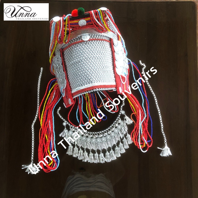 หมวกชาวเขา หมวกอาข่า ของหายาก พร้อม สร้อยคอ และ พู่ห้อยด้านข้าง Rare item Akha handmade hat