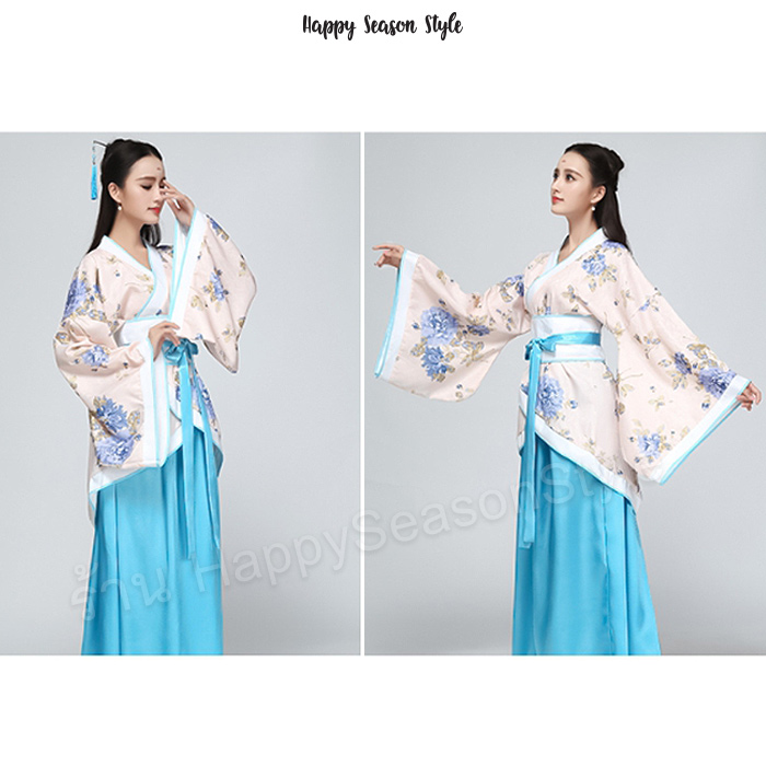 ชุดจีน ชุดจีนกำลังภายใน เสื้อลายดอกกระโปรงสีพื้น แถมปิ่น และ tattoo