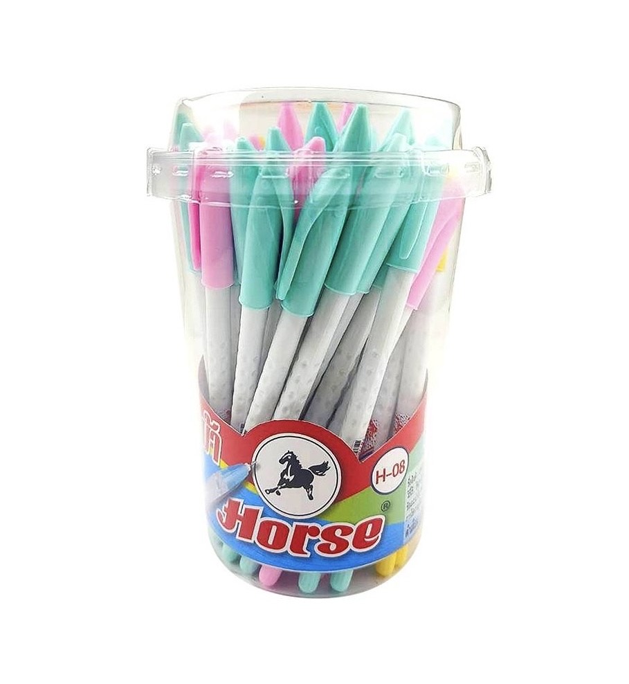 ปากกาลูกลื่น(แบบฝา)หมึกน้ำเงินตราม้ารุ่น H-08ด้ามสีขาวทึบฝาคละสีหวาน(กระบอกบรรจุ 50ด้าม)