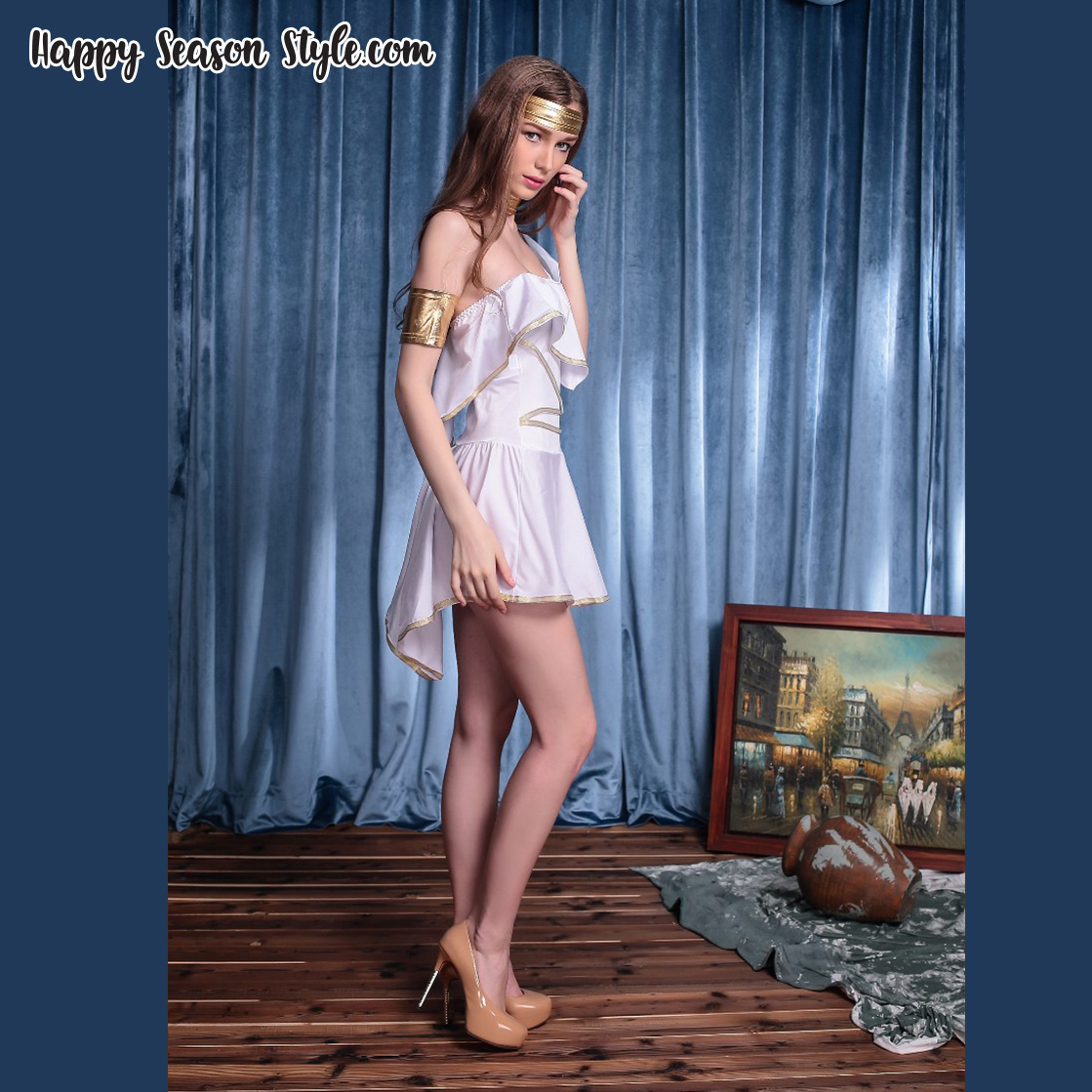 ชุดกรีก Greek สีขาวแขนเดี่ยวระบาย