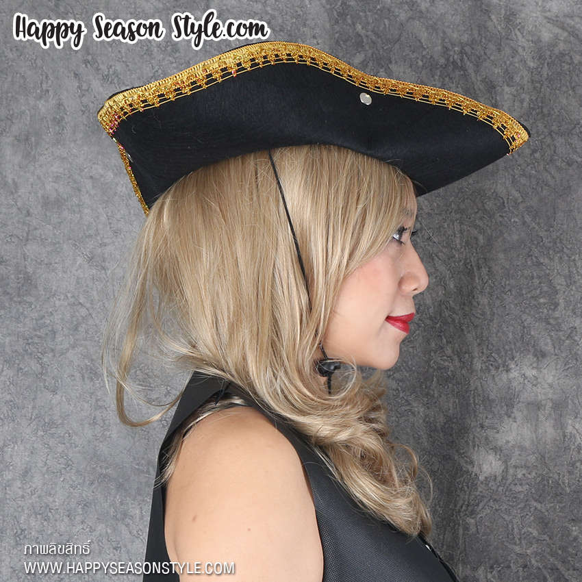 อุปกรณ์แฟนซี hatt - หมวกโจรสลัด ทรงสามเหลี่ยม แต่งดิ้นทอง และรูดระบายลูกไม้