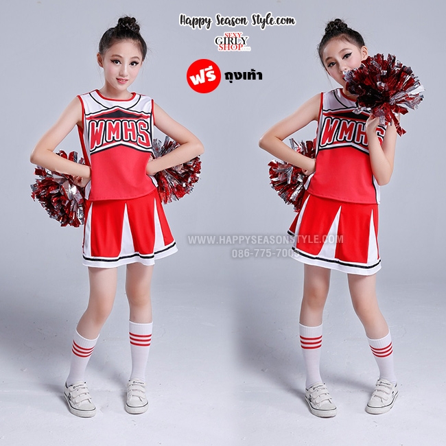 ชุดเชียร์กีฬา เชียร์เด็ก แขนกุด สีแดง สกรีน WMHS กระโปรงแดง แถมถุงเท้า