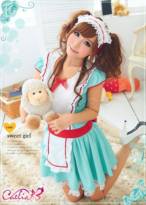 ชุดสาวเสิร์ฟ เมด สีฟ้าสด ตัดขอบแดง ผ้ากันเปื้อนขาว