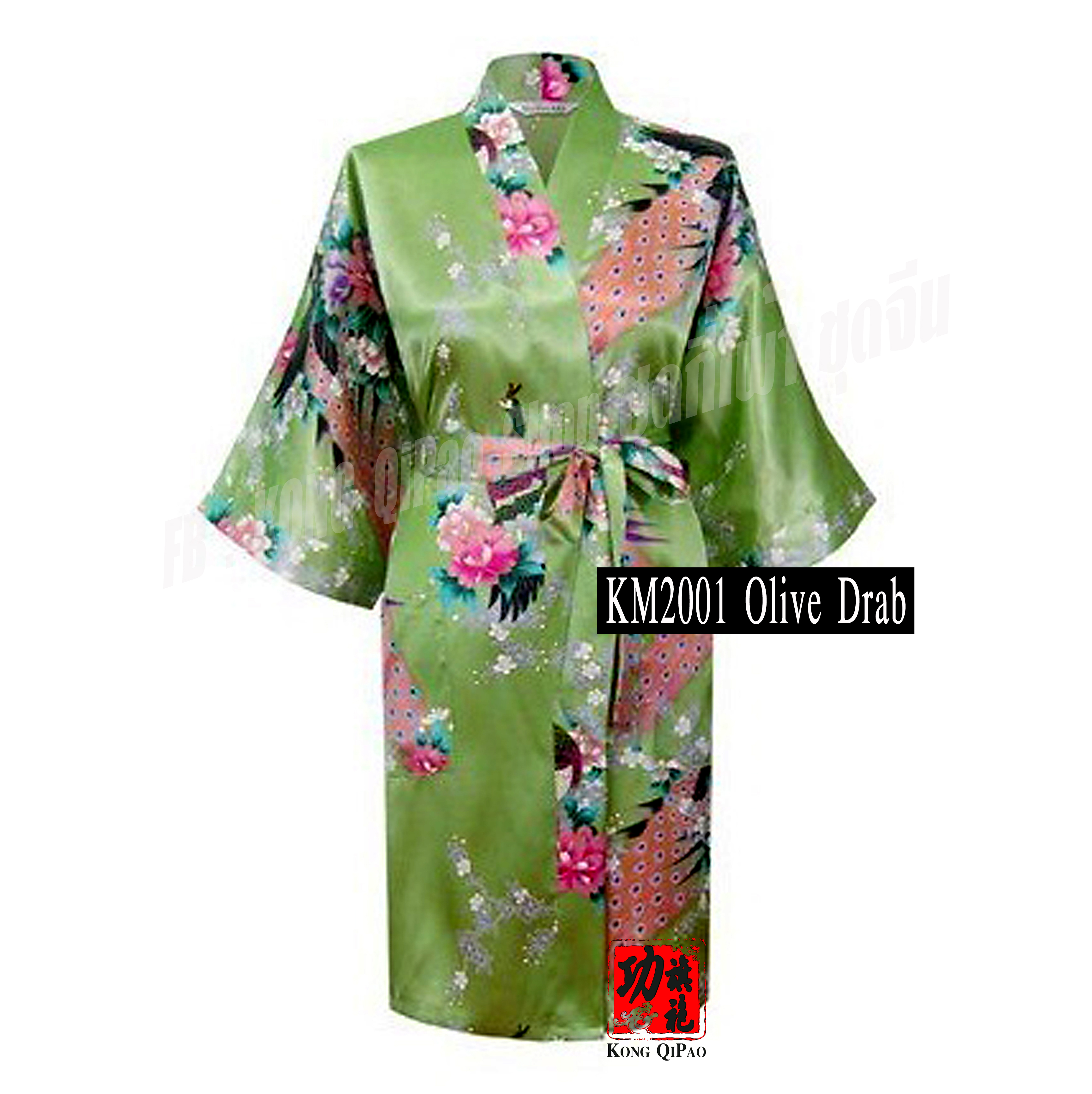 KM2001 ชุดคลุมกิโมโนผู้หญิง ลายนกยูงและดอกโบตั๋น