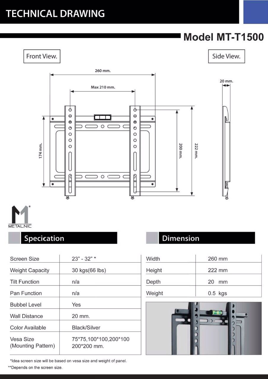 JMTVSTAND MT-T1500 ขาแขวนยึดผนังทีวี 15-32 นิ้ว แข็งแรง แบบฟิก0964746498