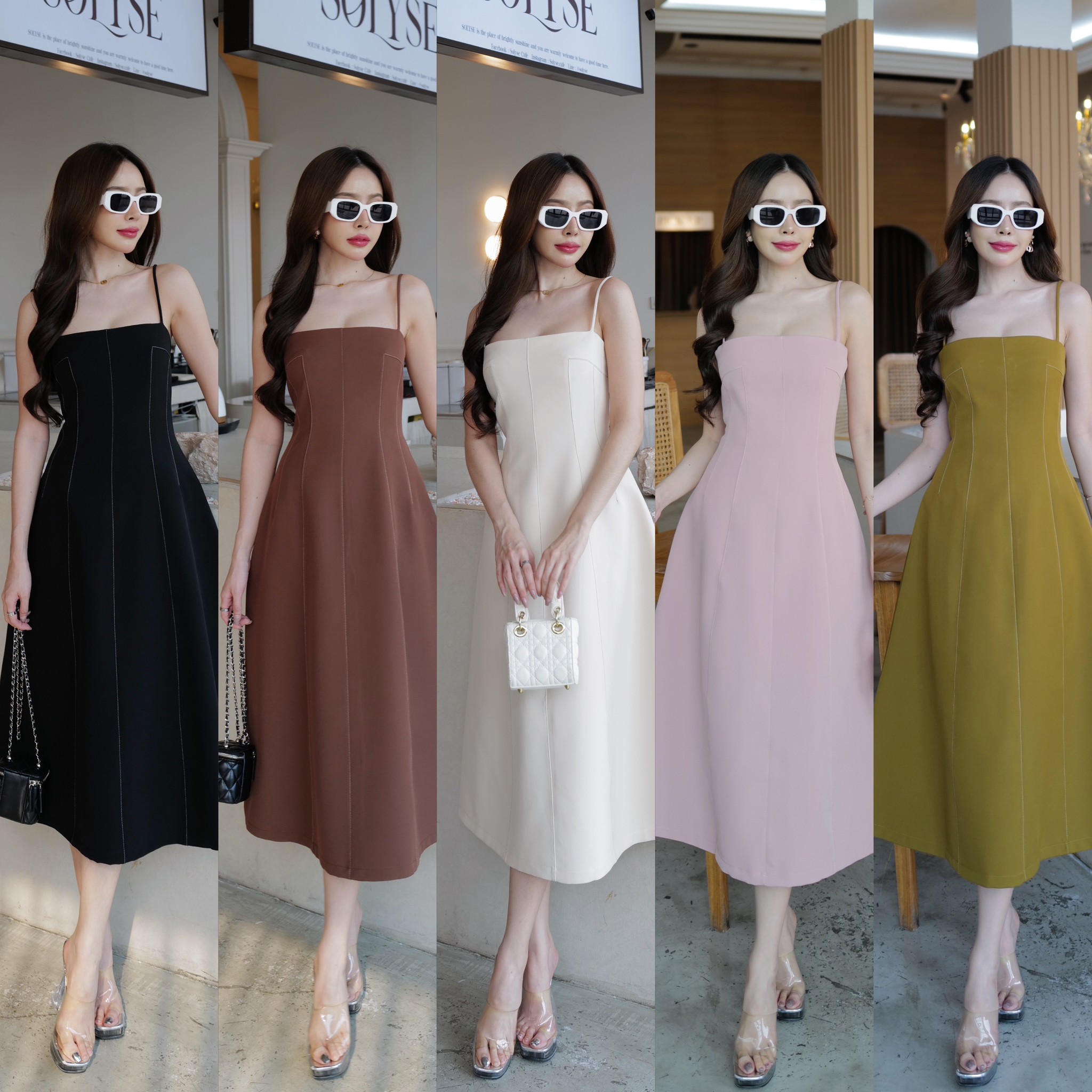 #4777 HILOOK เดรสยาวสายเดี่ยวคอเหลี่ยมแต่งด้ายตัดสี ดีเทลสวยๆไม่เรียบเกินไป