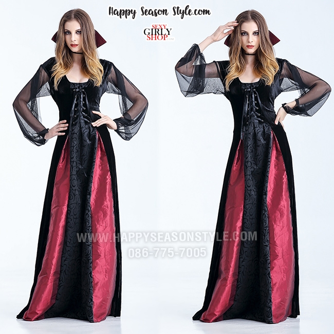 ชุดแม่มด ชุดแวมไพร์ แซกยาวดำแดง แขนซีทรู ปกตั้ง ผ้ากำมะหยี่