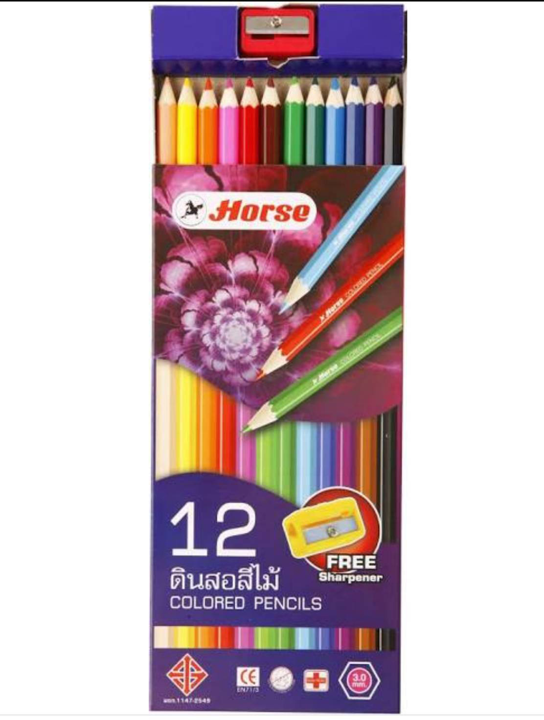 สีไม้ ตราม้า 12สี แท่งยาว มีกบเหลาในกล่อง H-2080/12 (ขายยกโหล12กล่อง)