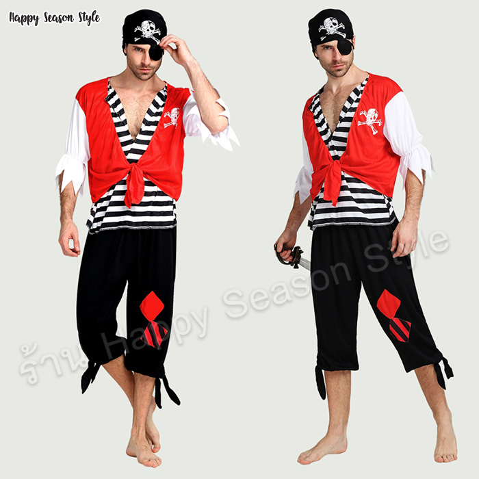 ชุดโจรสลัด เสื้อกั๊กแดง กางเกงขาสั้น พร้อมผ้าโพกหัว และที่ปิดตาโจรสลัด