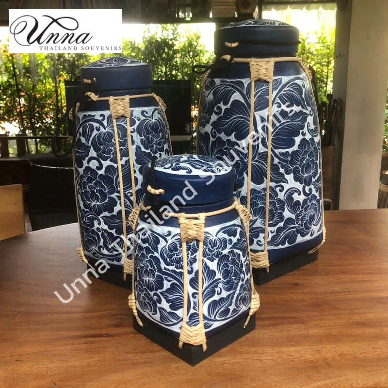 Set of 3 pieces Kratip hand painted เซ็ทกระติ๊บลายดอกไม้3 ใบ -base 6”, 6”tall, 8”tall