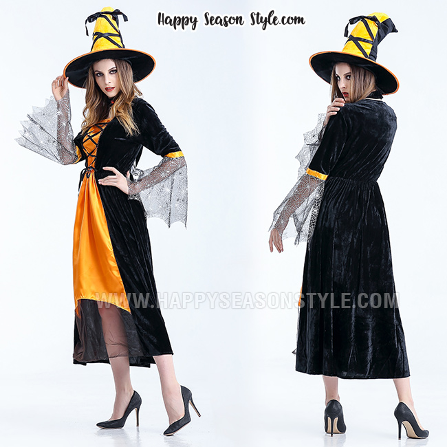 ชุดแม่มดยาว สีดำส้ม มีหมวกแม่มดทรงโค้ง