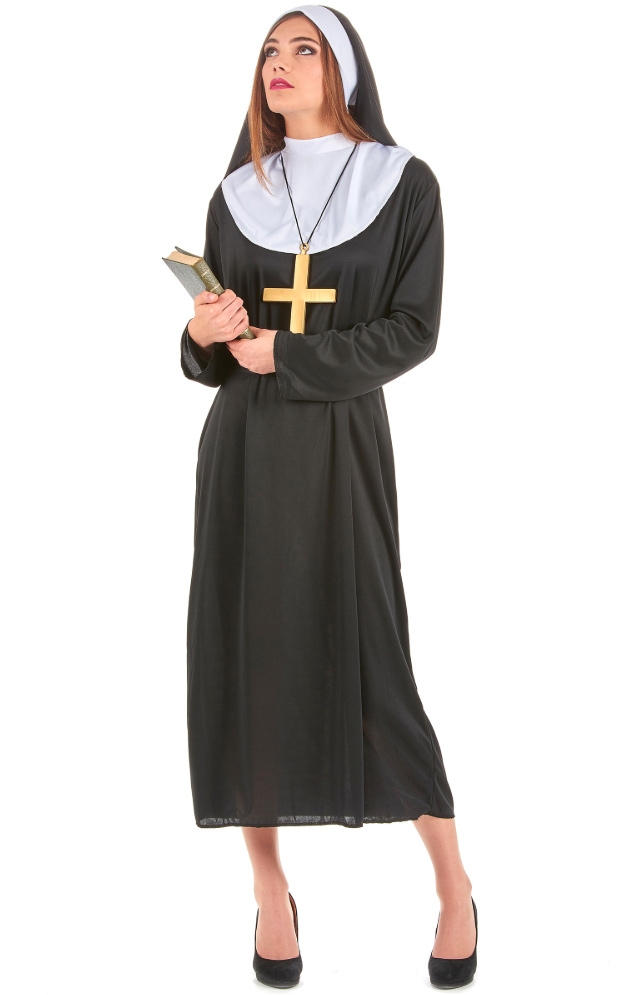 ชุดแม่ชี nun นักบวช แซกยาวสีดำไม่มีลายพร้อมหมวกแถบขาว