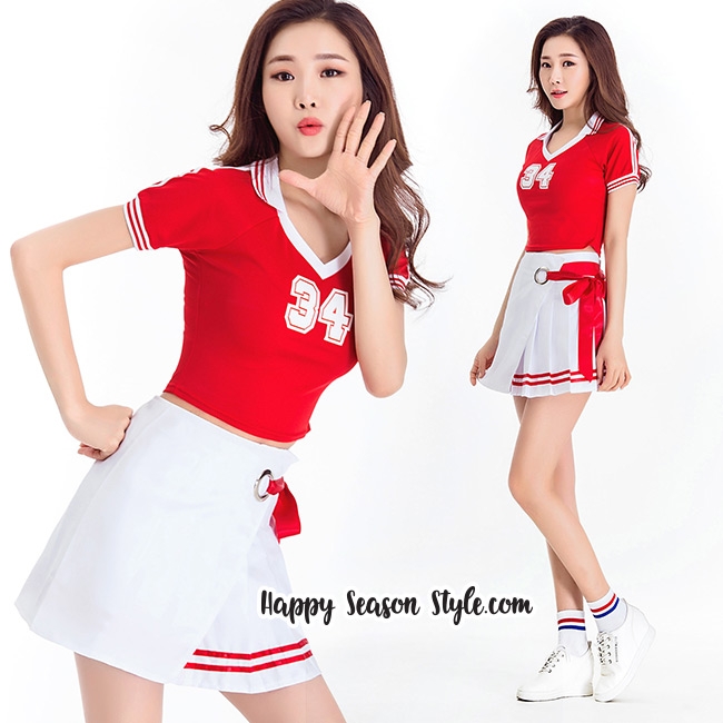 ชุดเชียร์ เชียร์ลีดเดอร์ ชุดเชียร์กีฬา สีแดงกระโปรงขาว แนวเกาหลี วง WJSN เพลง HAPPY MOMENT เสื้อแดง