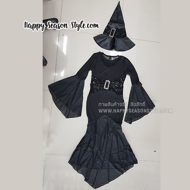 ชุดแม่มด แซกยาว แขนกระดิ่งสีดำ เข็มขัดเกล็ด พร้อมหมวกแม่มดทรงสูง