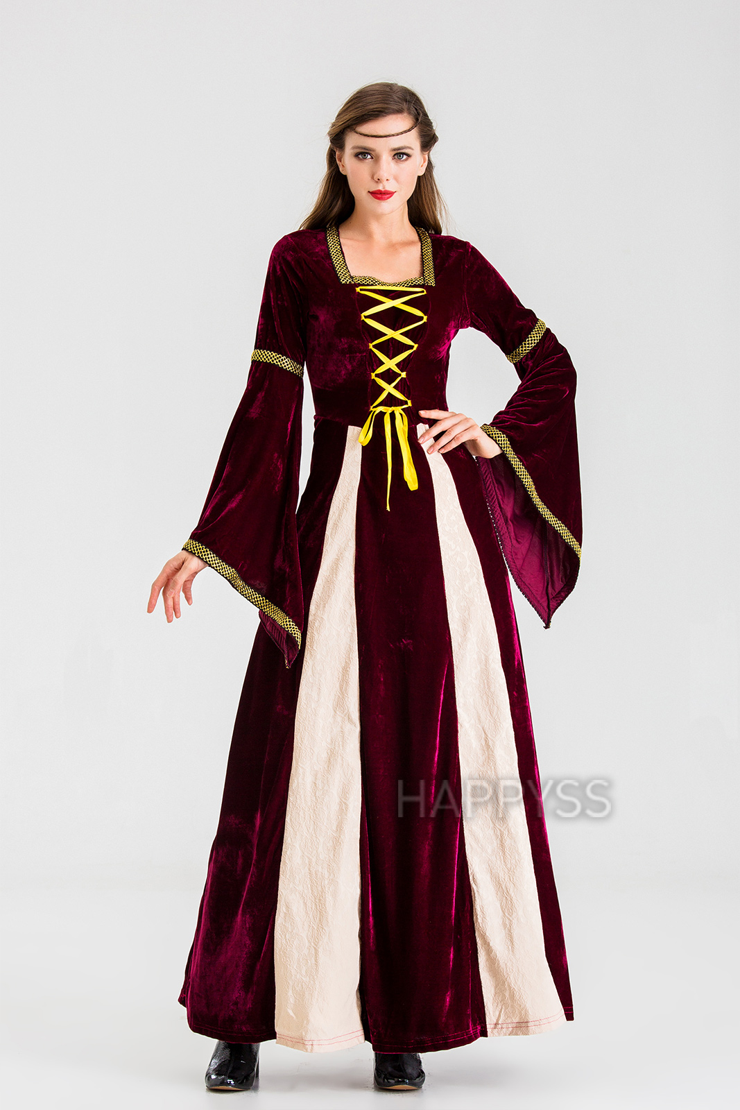 ชุดยุโรป ชุดย้อนยุค ผ้ากำมะหยี่ แทรกผ้า 2 แฉก ริบบิ้นเหลือง