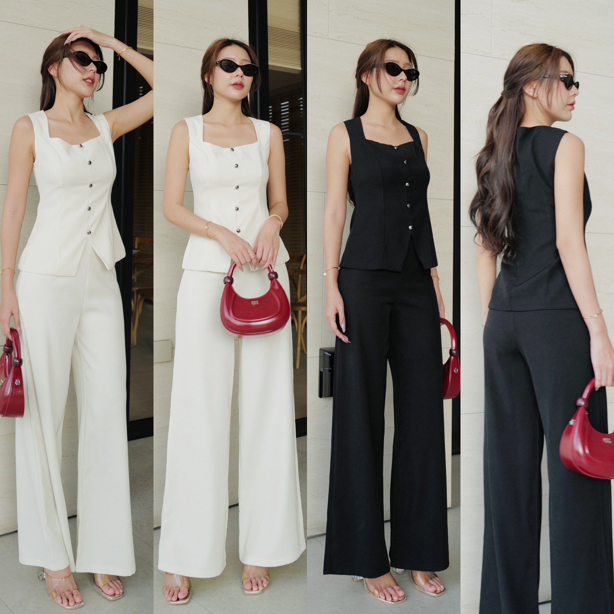 #9753 ชุดเชต เสื้อคอเหลี่ยมแต่งกระดุมหน้าตัวยาว +กางเกงขากระบอก intuon