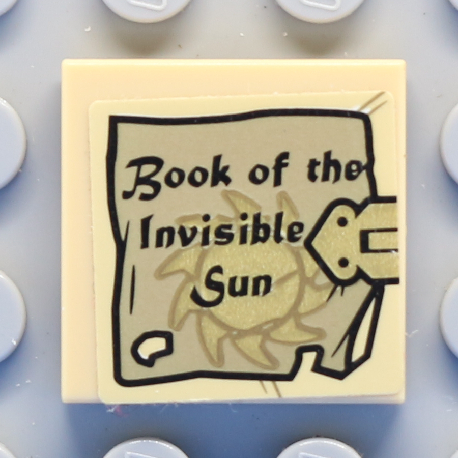 Tile 2 x 2 with Groove with Book Cover with Gold Clasp, Sun with Rays, and 'Book of the Invisible Sun' Pattern (Sticker) - Set 76060