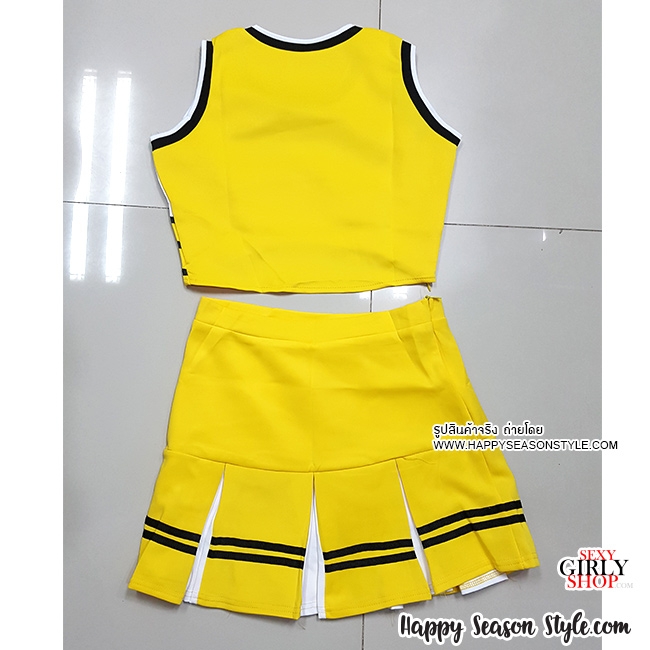 ชุดเชียร์ เชียร์ลีดเดอร์ ชุดเชียร์กีฬา สีเหลือง เอวลอย ขลิบดำ สกรีนที่อก กระโปรงทรงทวิส