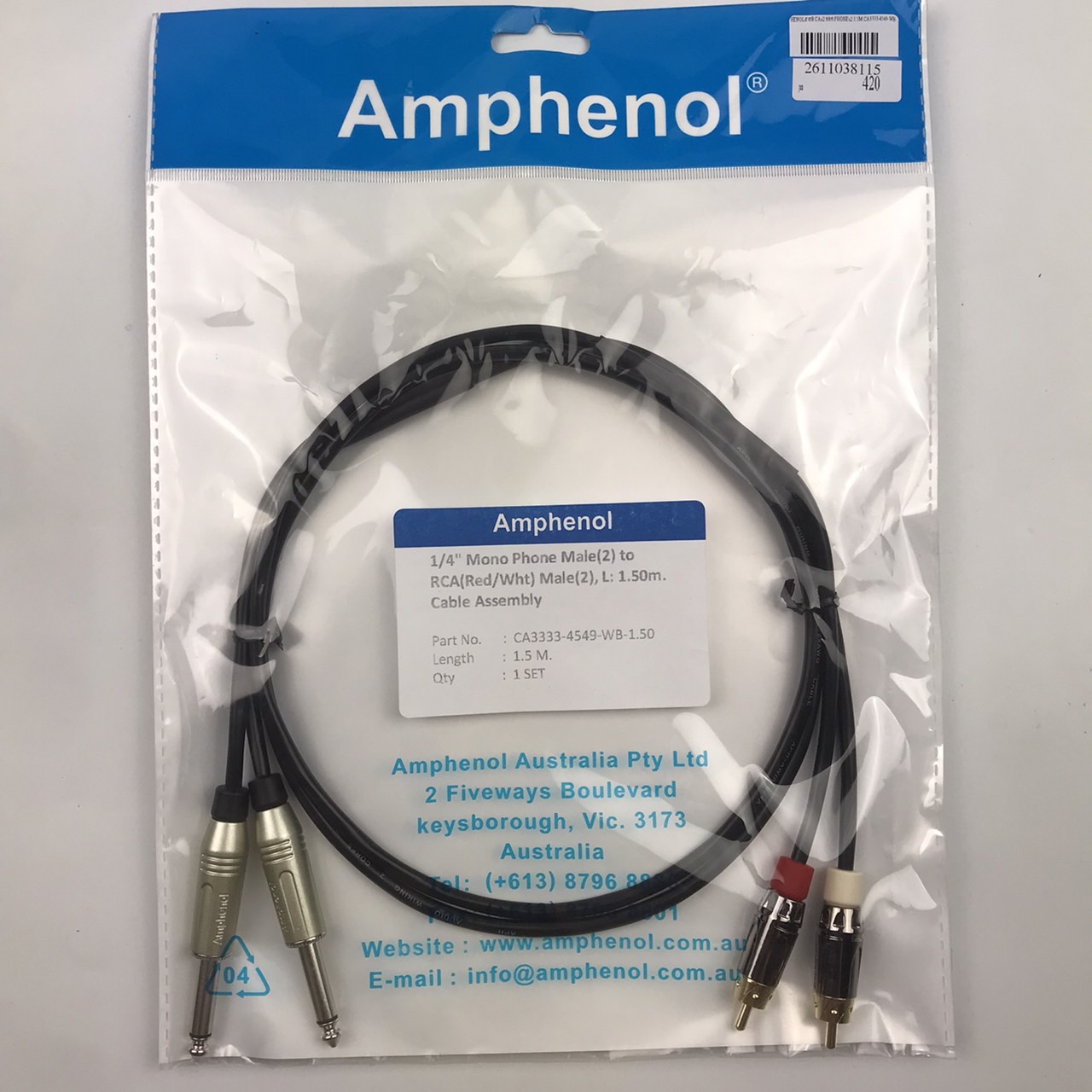 AMPHENOLสายRCAx2 ออก PHONEx2 1.5M CA3333-4549-WB-1.50