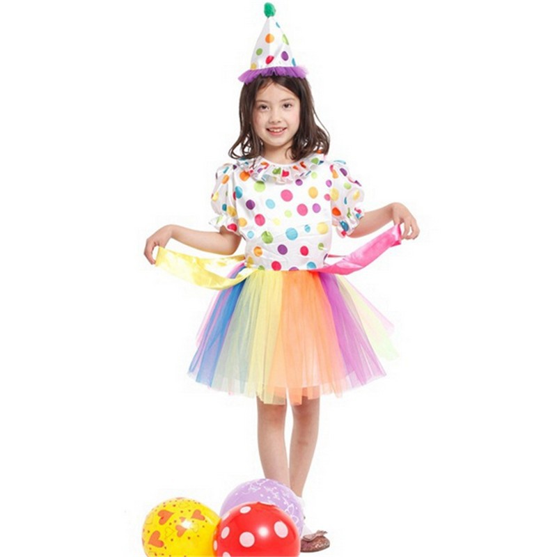 ชุดแฟนซีเด็ก ชุดตัวตลก สำหรับเด็กผู้หญิง ชุดโบโซ่ แซกแขนตุ๊กตาลายจุด กระโปรงรูดระบายสีรุ้ง พร้อมหมวก