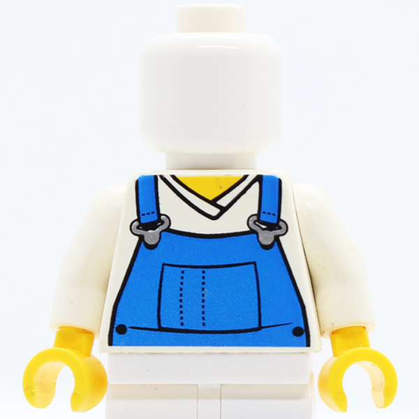 V-Neck Shirt with Blue Overalls - Printed Back Pattern / White Arms / Yellow Hands