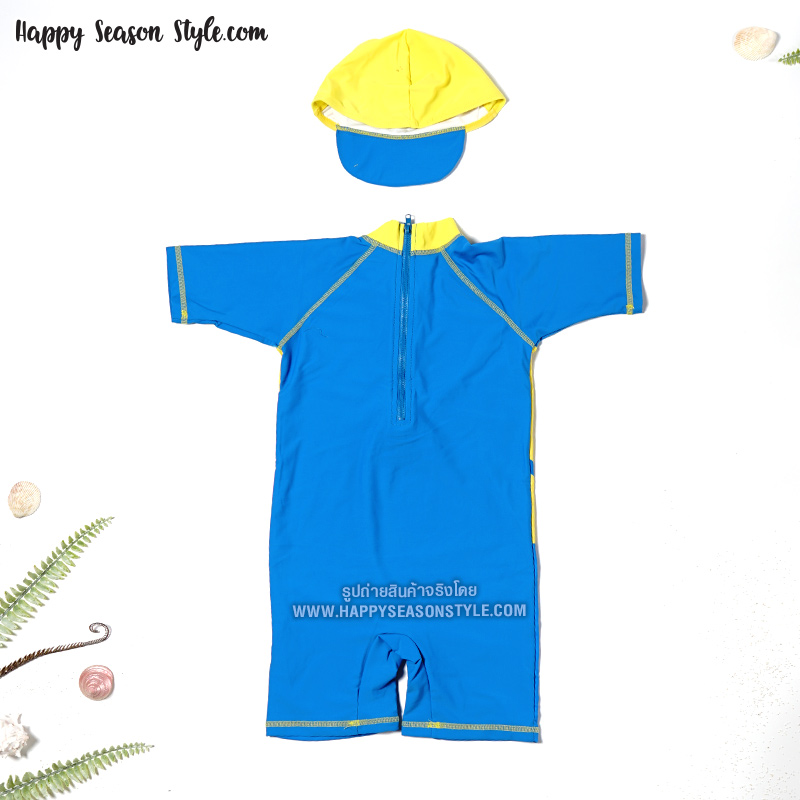ชุดว่ายน้ำเด็ก มินเนียน ชุดติดกัน พร้อมหมวกว่าน้ำทรงหมวกแก๊บ