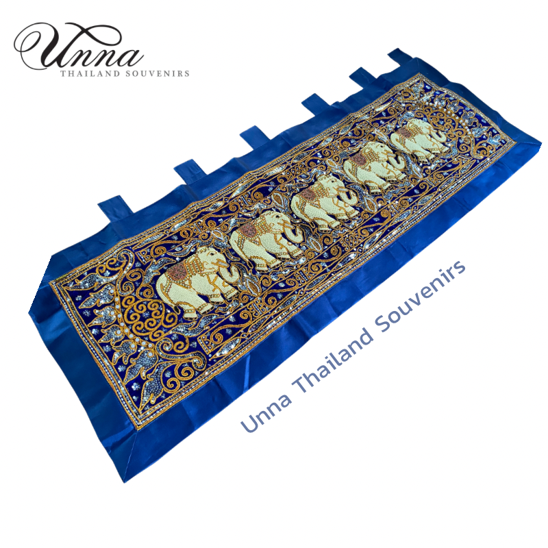 ผ้าปักช้าง แขวนผนัง แนวนอน ช้าง 5 ตัว ปักมุก และเลื่อม งานฝีมือพม่า elephant hand embroidery wall-hanging Myanmar
