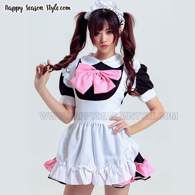 ชุดmaid ชุดสาวเสิร์ฟ ขาวดำ โบว์ชมพู ระบายชายชมพู