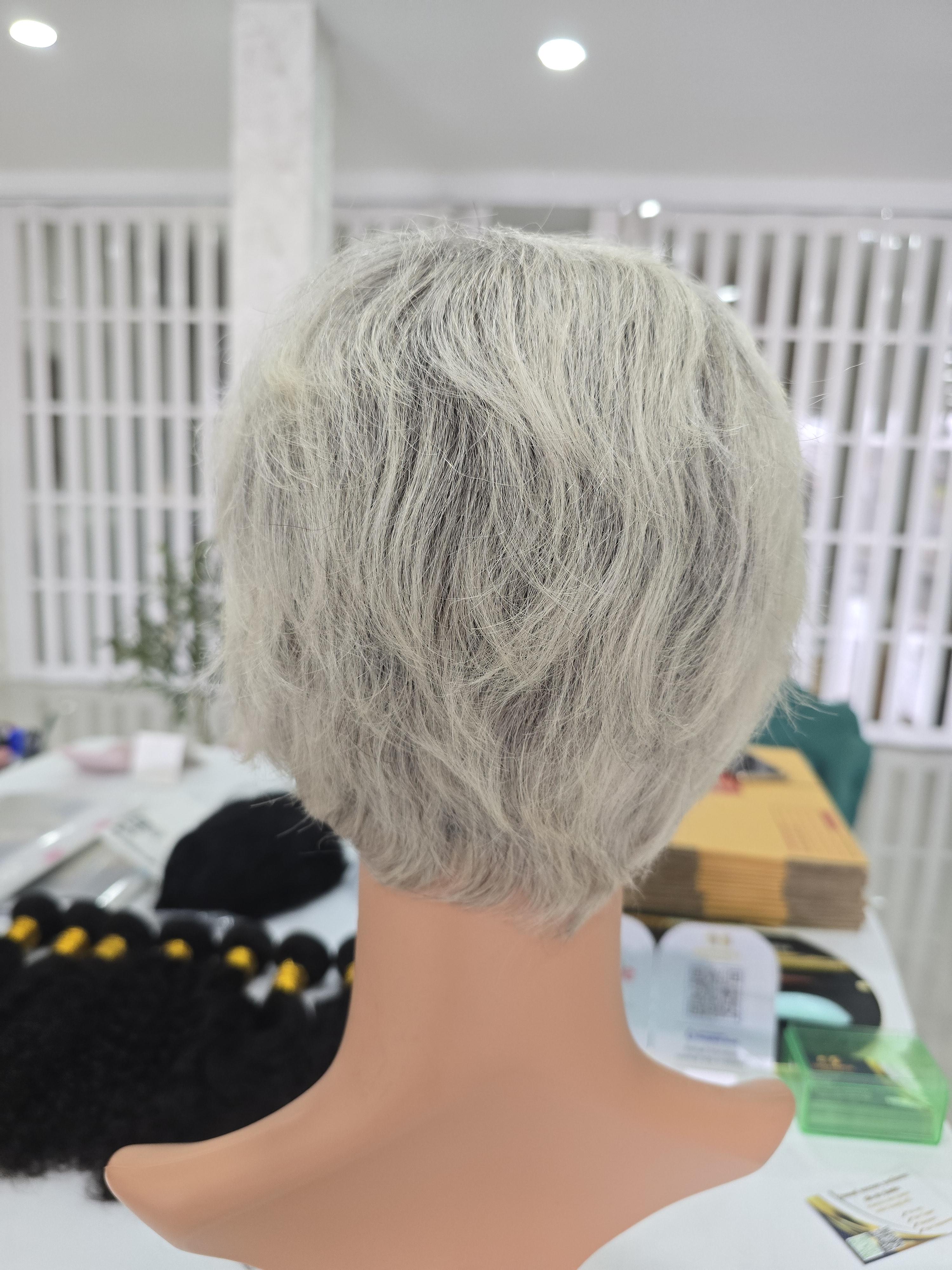 วิกผมหงอกผมขาว ผมแท้100% วิกผู้สูงอายุ คนแก่ ย้อมสีใหม่ได้ Human Hair Grey Wig for Old Women