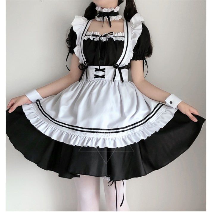 ชุดเมด ชุดคอสเพลย์ MAID ขาวดำ แต่งริบบิ้น 2 ชั้น ไซส์ S-4XL