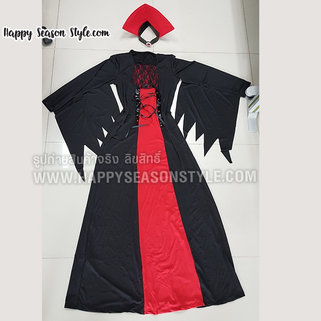 ชุดแม่มด ชุดแวมไพร์ แซกยาวดำแดง ปกตั้ง แขนกระดิ่งสีดำ