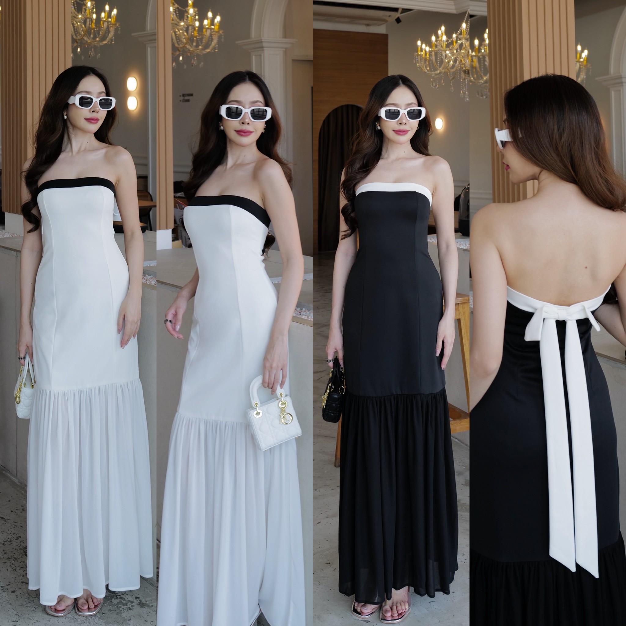 #5188 HILOOK เดรสยาวเกาะอก ผูกโบว์หลัง แต่งระบาย ช่วงปลาย สวยเรียบ