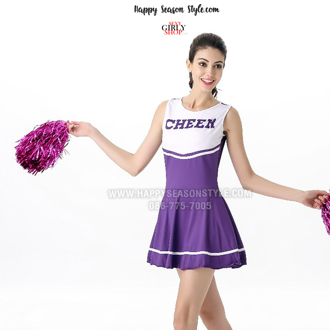 ชุดเชียร์ ชุดเชียร์ลีดเดอร์ เชียร์กีฬา ชุดปอมๆ เชียร์หลีดเดอร์ สีม่วง แซกผ้ายืด สกรีนที่อก Cheer