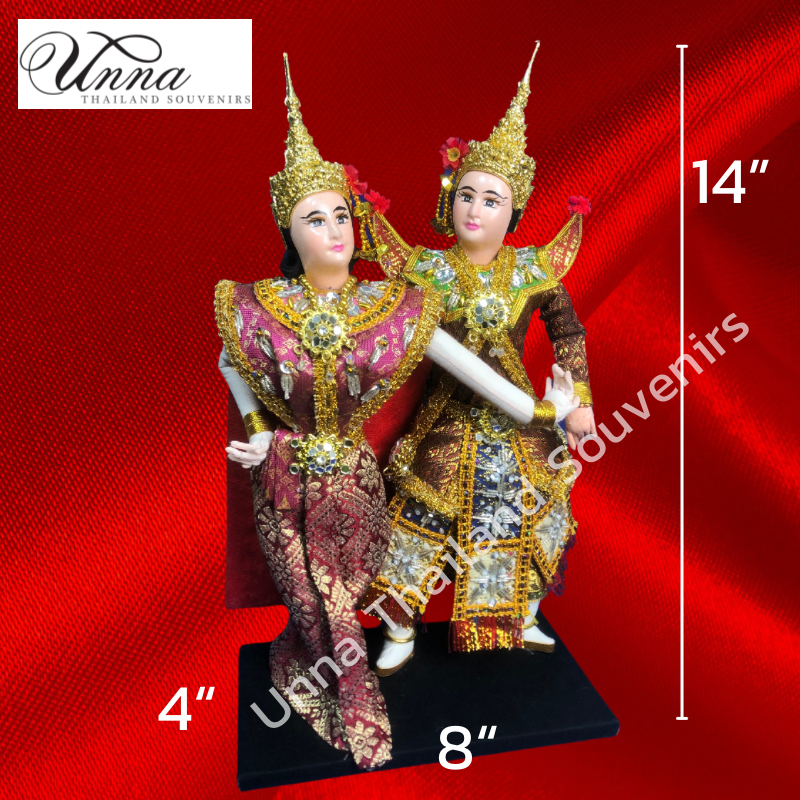 ตุ๊กตานางรำ ตุ๊กตาคู่พระนาง ตุ๊กตาถวายศาล คู่ชายหญิง งานฝีมือ ของที่ระลึก ของฝากเพื่อนต่างชาติ นางรำ ห่มสไบ สวมชฎา งานปักมือ งานผ้า Handmade Thai dancing dolls