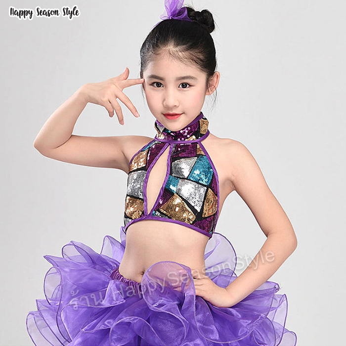 ชุดแฟนซีเด็ก ชุดเชียร์เด็ก ชุดแดนซ์เซอร์เด็ก กีฬาสีเด็ก สีม่วง คล้องคอ กระโปรงฟู
