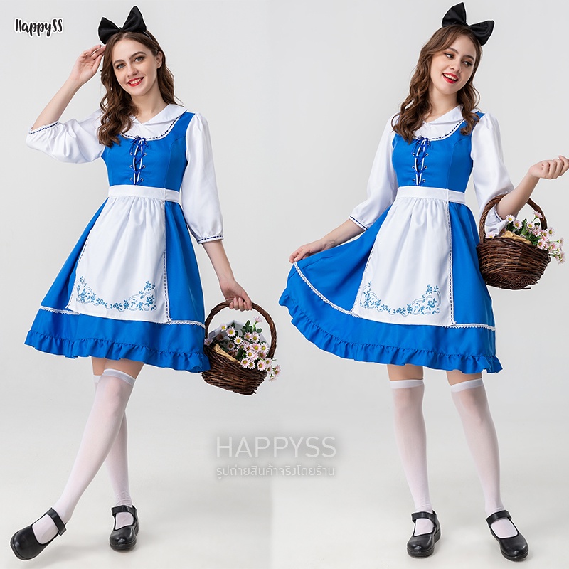 ชุดอลิซ อลิสในแดนมหัศจรรย์ Alice ชุดเมด ยุโรป บาวาเรียน เสื้อสีฟ้าผ้ากันเปื้อนสีขาวสกีนลายลูกไม้ 🏍️ ส่งไวจากไทย
