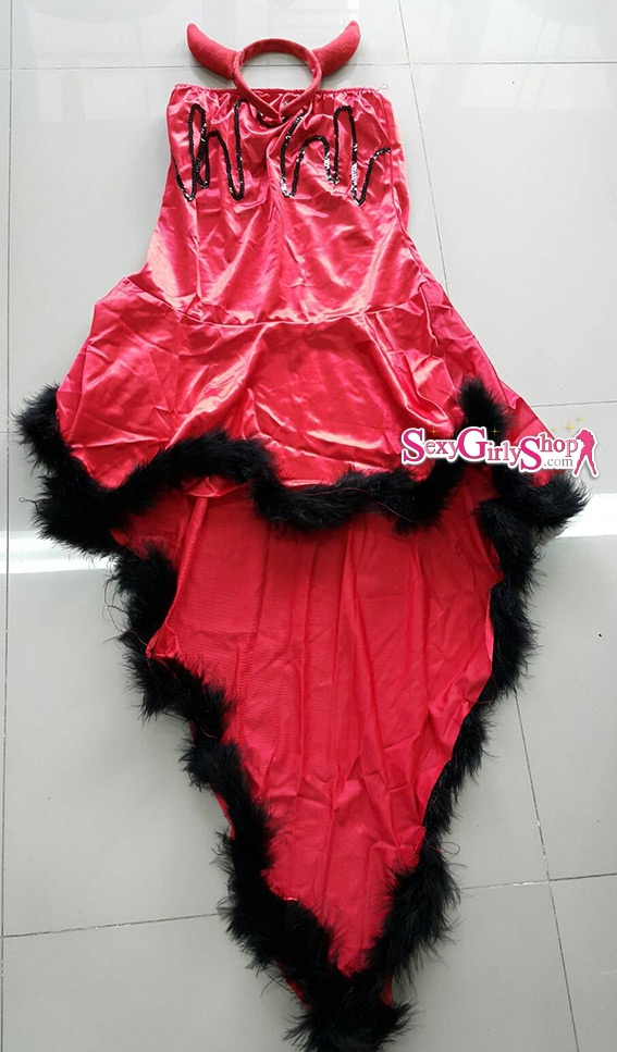 ชุดแฟนซี ชุดCosplay Halloween ฮาโลวีน ชุดคอสเพลย์ - ชุดเดวิล สีแดง เกาะอก หน้าสั้นหลังยาว ชายแต่งขนปุยสีดำ พร้อมที่คาดผมเดวิล