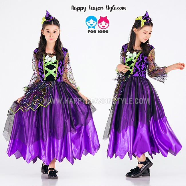 ชุดแฟนซีเด็ก ชุดฮาโลวีน ชุดแม่มด กระโปรงยาว สีม่วง พร้อมแต่งผม หมวกแม่มด