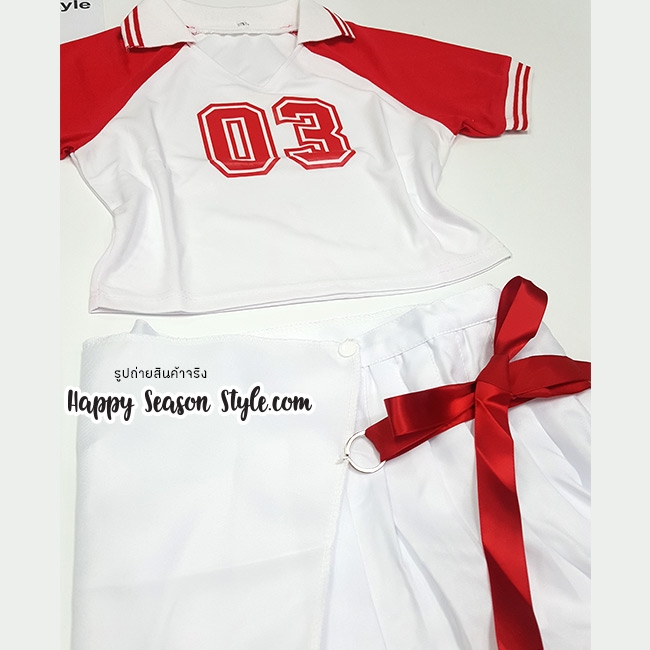 ชุดเชียร์ เชียร์ลีดเดอร์ ชุดเชียร์กีฬา สีแดงกระโปรงขาว แนวเกาหลี วง WJSN เพลง HAPPY MOMENT เสื้อขาวแขนแดง