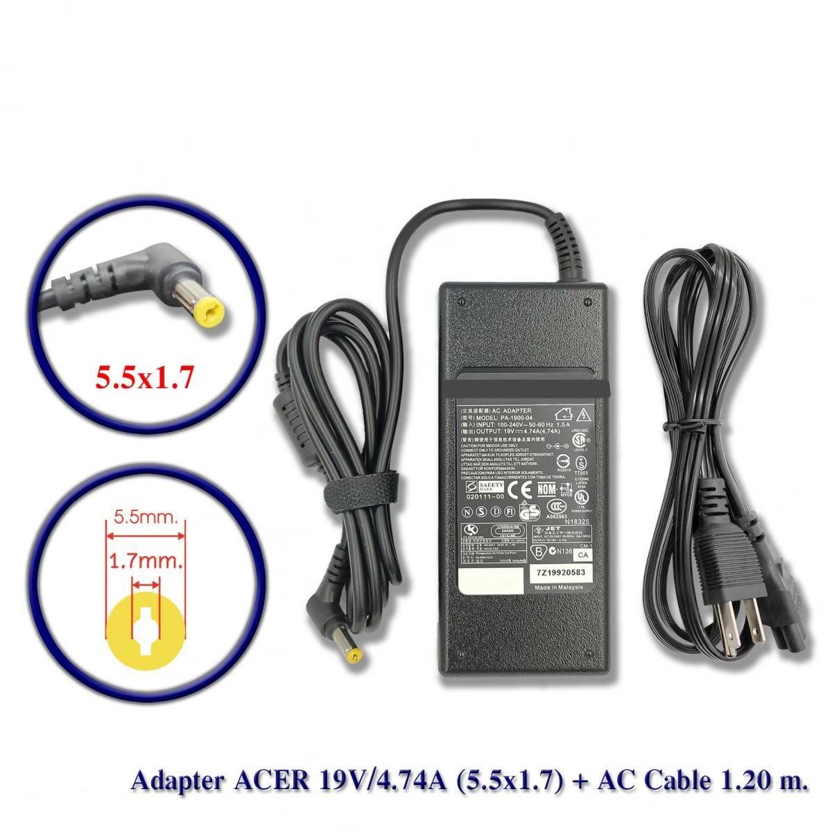 Adapter ACER 19V 4.74A (5.5x1.7) + AC