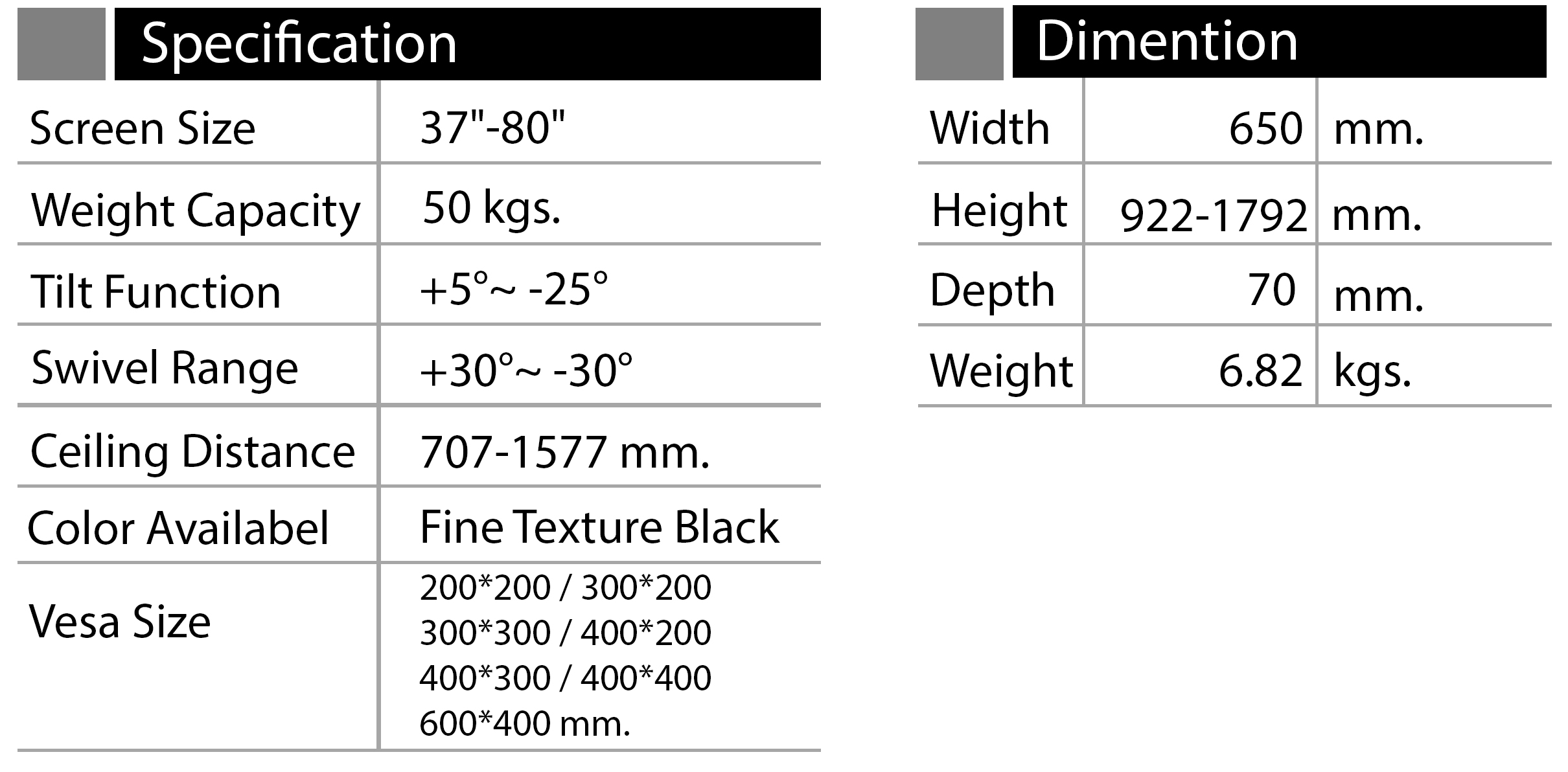 JMTVSTAND MT-T5400 ขาแขวนสำหรับแขวนเพดาน วัสดุเหล็กหนา ปรับสูง-ต่ำ ก้ม/เงย 37"-80"/86",นิ้ว0964746498