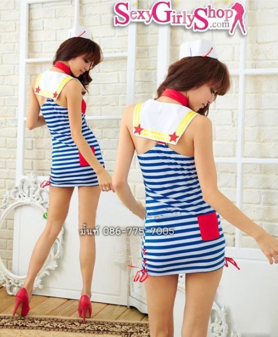 ชุดทหารเรือ กะลาสี เดรสขาวสลับน้ำเงิน ปกทหารเรือ ผ้าพันคอแดง+หมวก